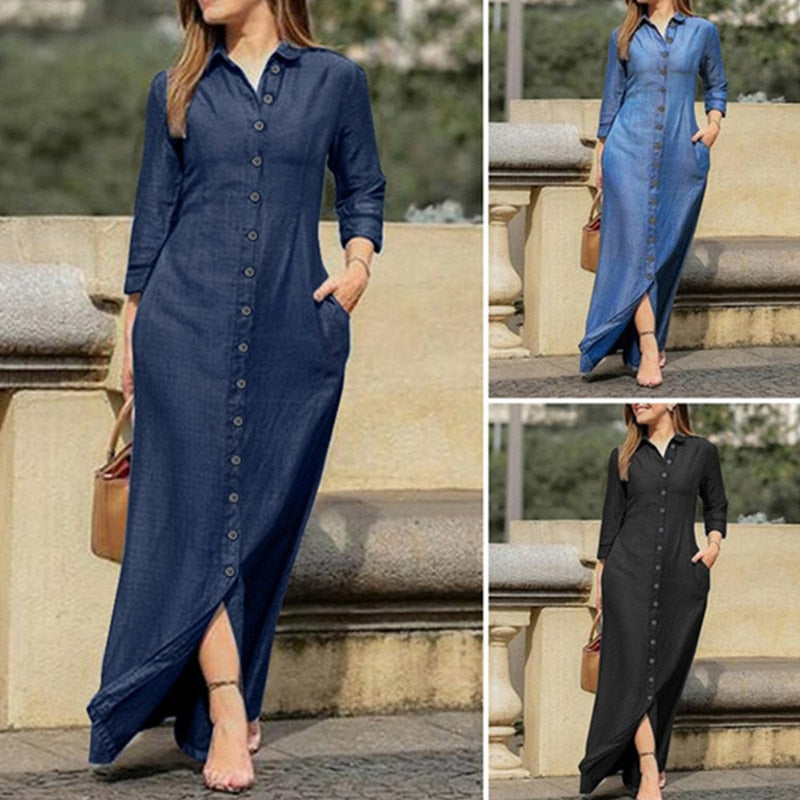 Casual Shirt Dress Women Turn-Down Collar Long Dresses Office Ladies Single Breasted Maxi Dress Party Dresses Vestidos Robe