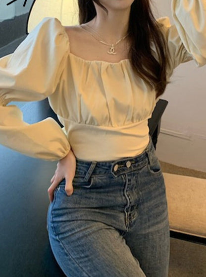 Elegant Blouse Women Spring Summer  New French Style Square Collar Puff Sleeve Chic Shirts Ladies Casual Crop Top