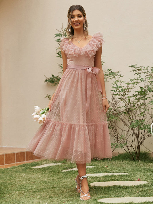 sixsr  Fashion Trends V-neck mesh polka dot summer tulle party dress women Backless pink ruffle sleeveless dresses Elegant sash maxi vestido