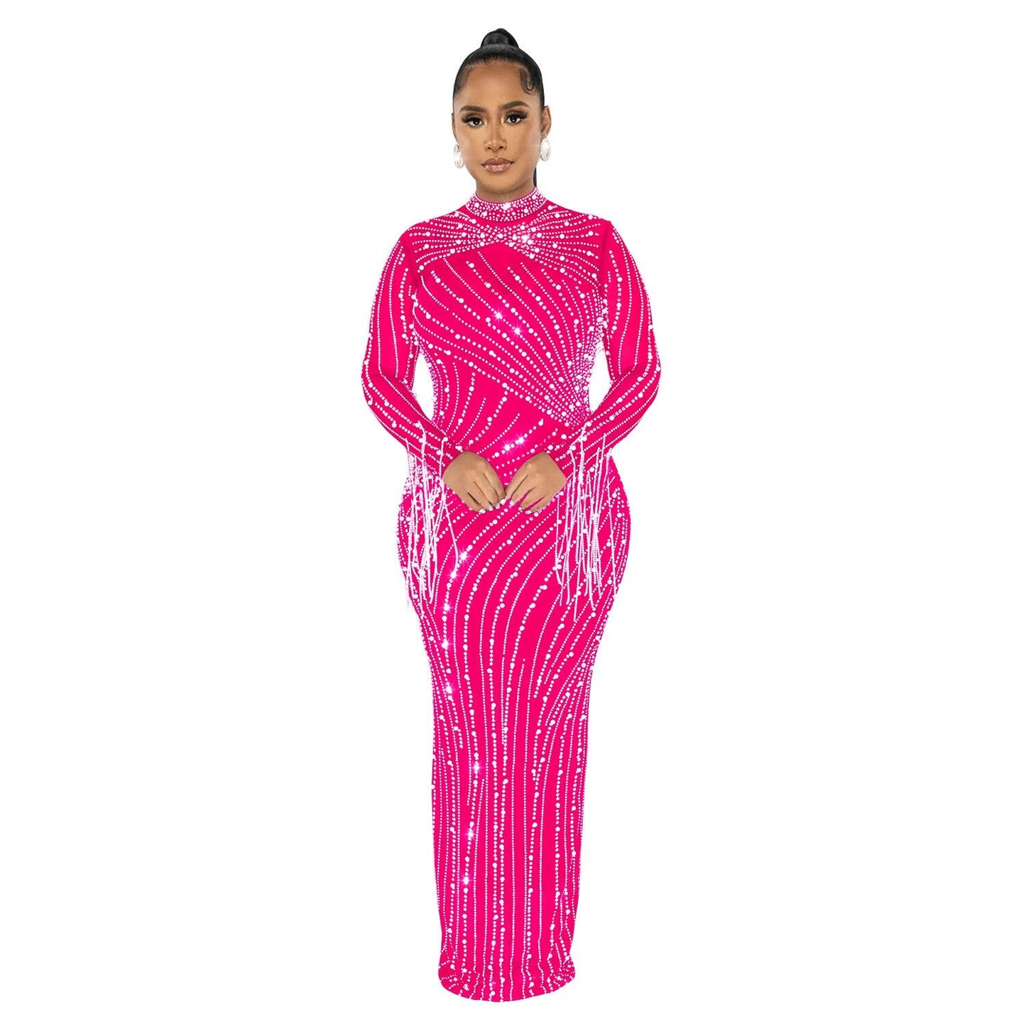 Women's Sexy See Through Rhinestone Bead Mesh Dress Luxury High Neck Long Sleeve Tassels Maxi Party Night Dresses 2 Piece Set