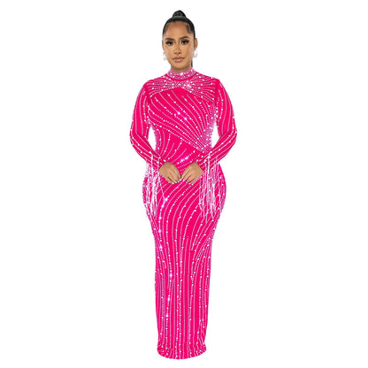 Women's Sexy See Through Rhinestone Bead Mesh Dress Luxury High Neck Long Sleeve Tassels Maxi Party Night Dresses 2 Piece Set