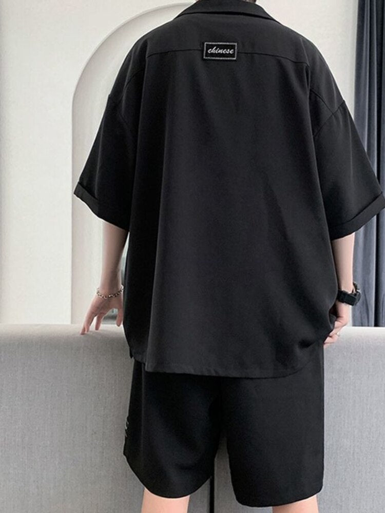 Men's Khaki Shirt Suit Elegant Vintage Short-sleeved Shirt Grunge Mature Patch Design Shorts Korean Fashion Two Piece Set Summer