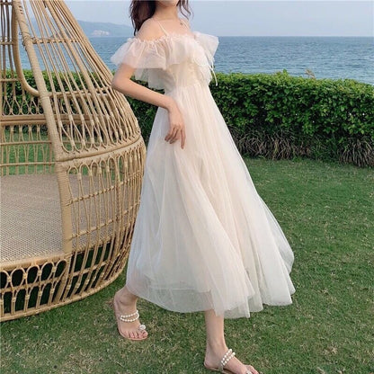 Sixsr Going Out Outfits Mesh Ruffle Slash Neck Off Shoulder Dresses Lace Up Women Summer Vestidos Mujer Korean Fashion White Dress Strap Tide Robe Femme