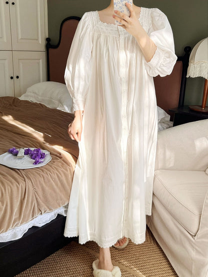 Women Sleepwear French Style Cotton Princess Dress Vintage Ladies Long Sleeves Nightgowns Square Neck Pleated Nightdress