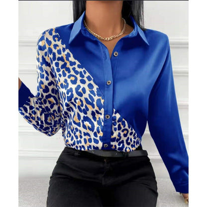 Women Long Sleeve Shirts Autumn New Elegant Satin Blouses Tops Office Leopard Print Patchwork Shirt Ladies Casual Lapel Top