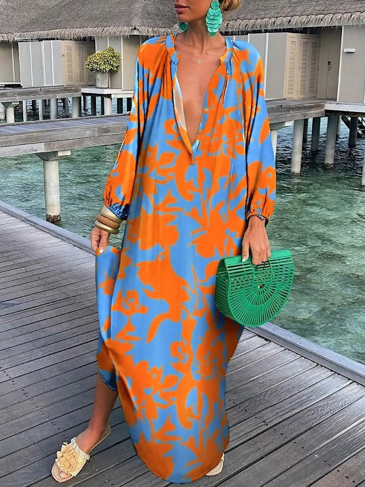 V-neck Casual Loose Floral Print Long Sleeve Maxi Dress