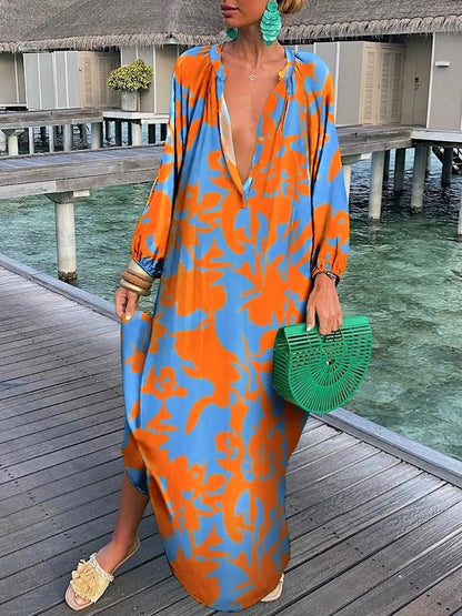 V-neck Casual Loose Floral Print Long Sleeve Maxi Dress