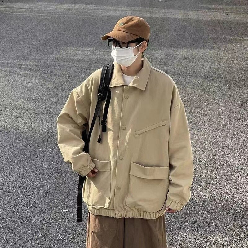 2024 Men's Japanese Vintage Lapel Collar Cargo Jackets Work Clothes Harajuku Loose Casual Coats Solid Color Outerwear M-2XL