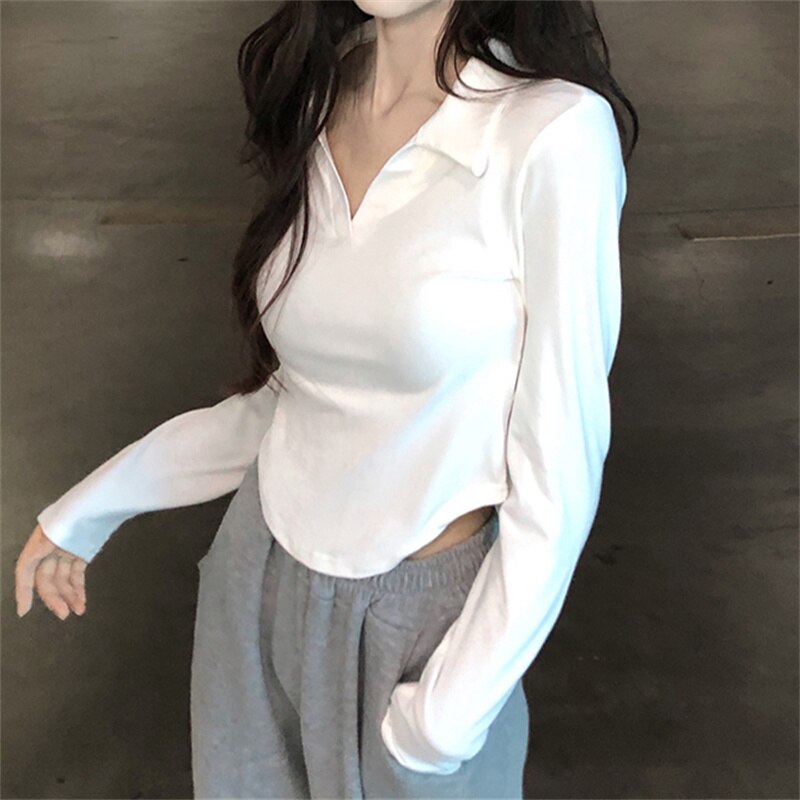 White T Shirt for Women  New Long Sleeve Turn Down Collar Slim Tee Shirts Korean Fashion Office Ladies Casual Top