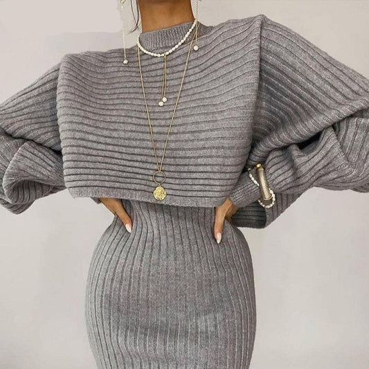 sixsr  Women Elegant Slim Two Piece Sets Female Sweater Dress Autumn Winter High Waist Knitted Ensemble Femme Medium Long Party Dresses