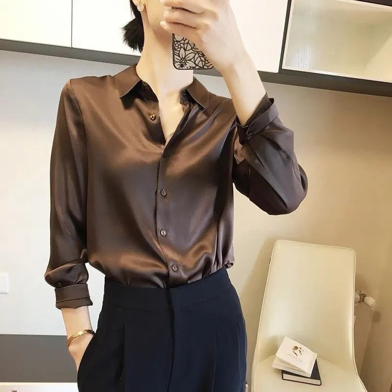 Sixsr Brand Quality Luxury Women Shirt Elegant Office Button Up Long Sleeve Shirts Momi Silk Crepe Satin Blouses for Women Fashion  Business Ladies Top