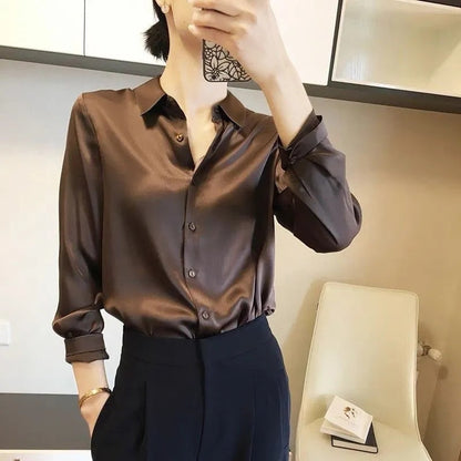 Sixsr Brand Quality Luxury Women Shirt Elegant Office Button Up Long Sleeve Shirts Momi Silk Crepe Satin Blouses for Women Fashion  Business Ladies Top