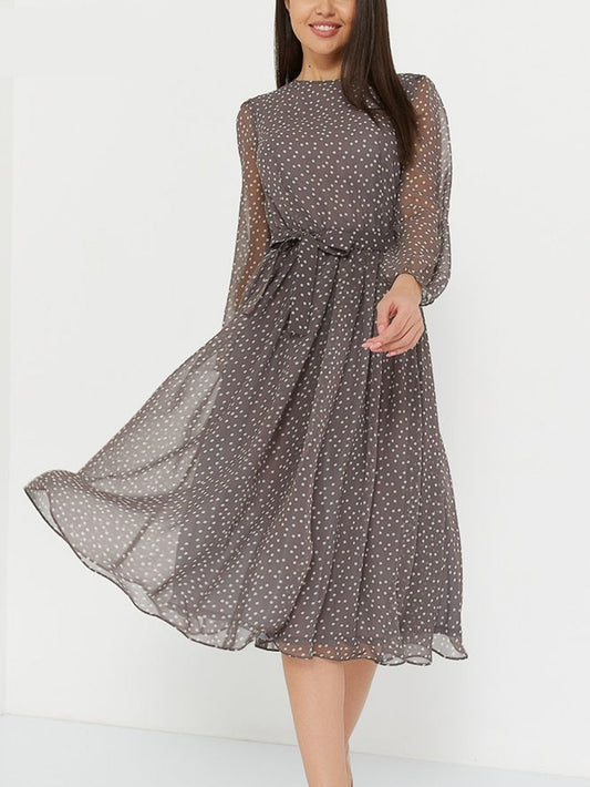 sixsr Summer Outfits  Fashion Trends Elegant Dot Print Long Sleeve Polka Dress O Neck Chiffon A Line Women Casual Dress Vintage Midi Vestidos