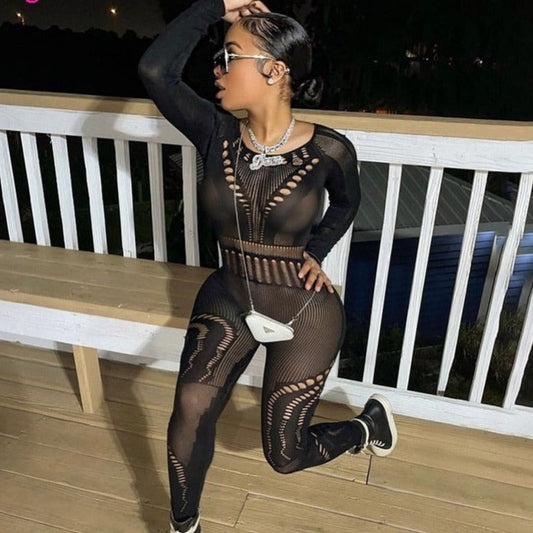 sixsr Hollow Out Knitted Mesh Jumpsuits Women Sexy See Through Long Sleeve Hipster Stretchy Skinny Overalls Clubwear Romper