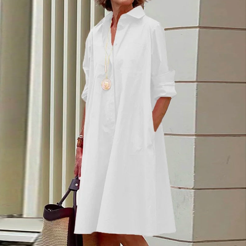 Women Casual Long Sleeves Shirt Collar Solid Short Dress