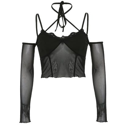 sixsr  Hot Sell Slash Neck Sexy Black Mesh T-Shirts Women Lace Patchwork Rave Goth Clubwear Backless Halter Tie Up Spaghetti Strap Tops