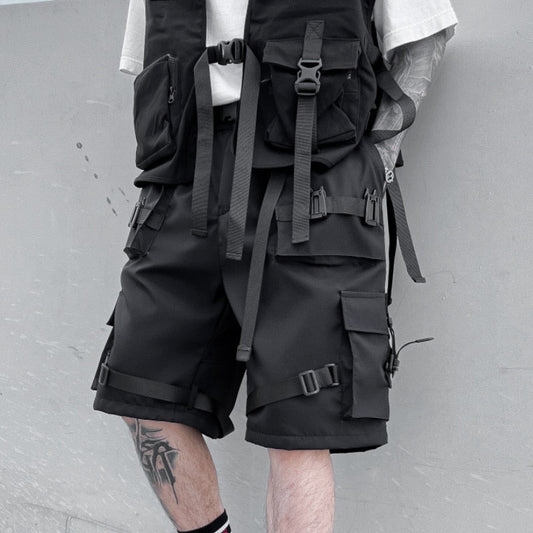 Sixsr 2024 Summer Tactical Techwear Cargo Shorts Ribbons Hip Hop Short Pants For Men Wide Leg Multi Pockets Casual Street Wear