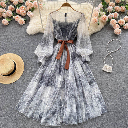 Elegant Women Mesh Dress Vintage Lantern Sleeves Printed Party Dresses Spring Summer Patchwork A Line Bandage Beach Dress