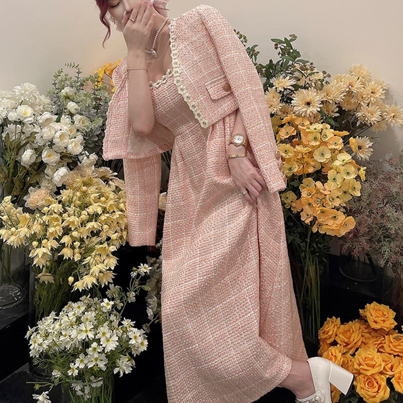 Pink Plaid Tweed Jacket + Strapped Dress Women Vintage  Winter Elegant Party Woolen 2 Piece Sets Ladies Autumn Dress Sets