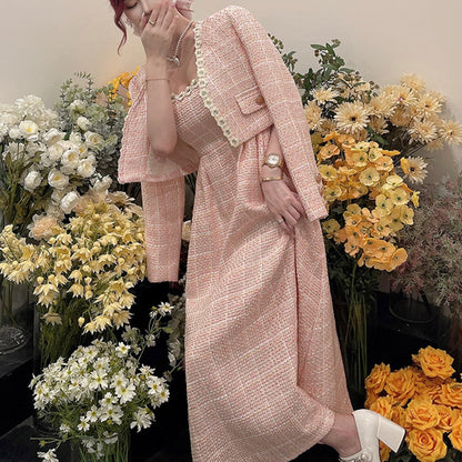 Pink Plaid Tweed Jacket + Strapped Dress Women Vintage  Winter Elegant Party Woolen 2 Piece Sets Ladies Autumn Dress Sets