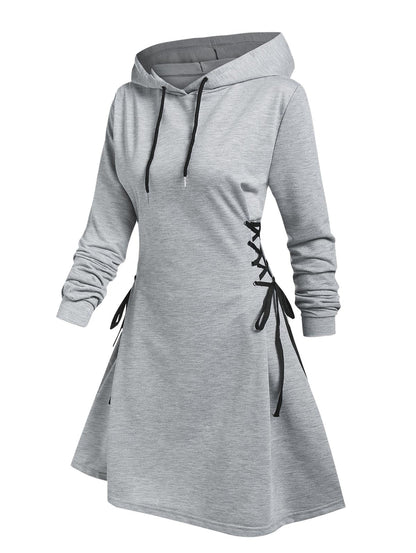 Casual Women Long Sleeve Autumn Dress Drawstring Lace Up Mini Hoodie Dress Vestidos Femme Gothic Fashion Dress Streetwear