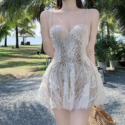 Backless Dress Women Lace Sexy Short Embroidery Mini Y2k Push Up Dress with Flowers Korean Dress Summer Gothic Party