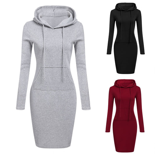 Autumn And Winter Hoodie Dress Elegant Long Sleeve Pocket Combining Casual Women's Midi Dresses