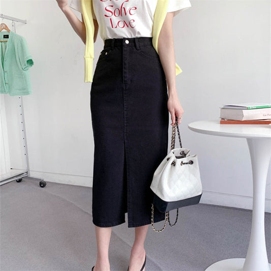 Split Jeans Skirt for Women  New High Waisted Slim Korean Fashion Chic Pencil Skirt Vintage Casual Prink Midi Skirt