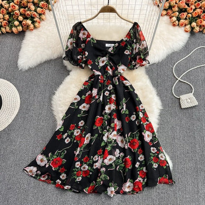 Sixsr  Summer Outfits Ladies French Retro V-neck Floral Women Dress Elegant Draped Flowers Short Puff Sleeves Slim Fairy Mid-calf A-line Dress