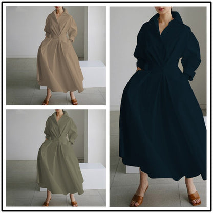 Elegant Women Spring Autumn Sundress Fashion Lapel Neck Long Sleeve Solid Long Shirt Dress OL Vestidos Robe Femme 5XL Long Dress