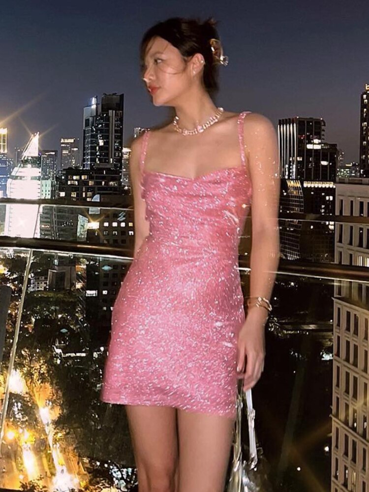 Women Sequin Sparkly U Neck Bodycon Mini Dress Summer Exotic Tight Elegant Party Evening Luxury Fashion Sexy Formal Dresses