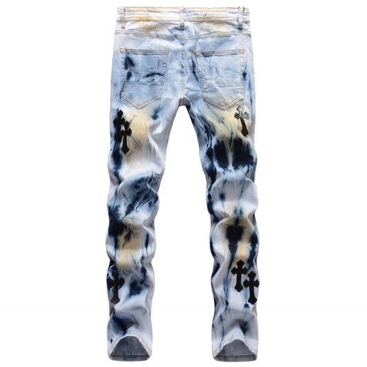 Sixsr New Hand-painted Paint Black Leopard Grain Leather Cross Elasticity High Street Stretch Slim Hole Small Straight Denim Jeans