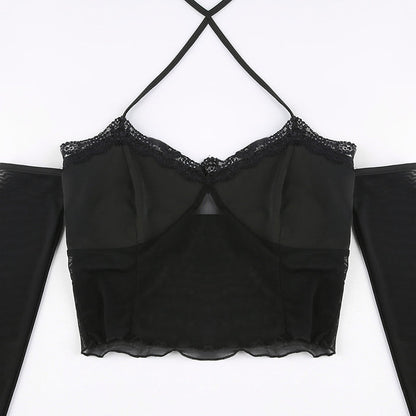 sixsr  Hot Sell Slash Neck Sexy Black Mesh T-Shirts Women Lace Patchwork Rave Goth Clubwear Backless Halter Tie Up Spaghetti Strap Tops