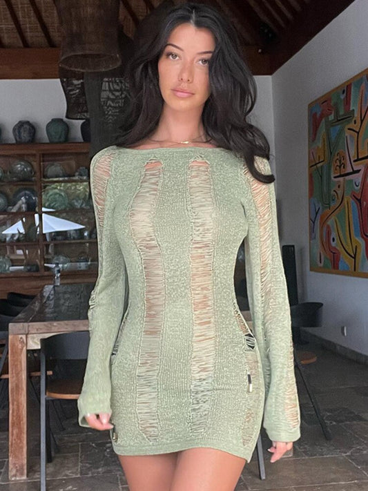 sixsr Fashion Trends Round Collar See Through Dress Women Sexy Long Sleeve Elegant Beachwear Hollow Out Backless Knitted Female Dress Summer