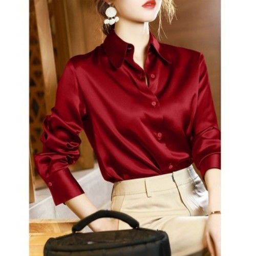 Sixsr Brand Quality Luxury Women Shirt Elegant Office Button Up Long Sleeve Shirts Momi Silk Crepe Satin Blouses for Women Fashion  Business Ladies Top