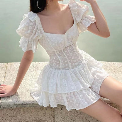 sixsr  Fashion V Neck Ruffles Pleated Dress Women Puff Sleeve Chic White Summer MINI Dress Party Hollow Out Vintage Corset Ladies