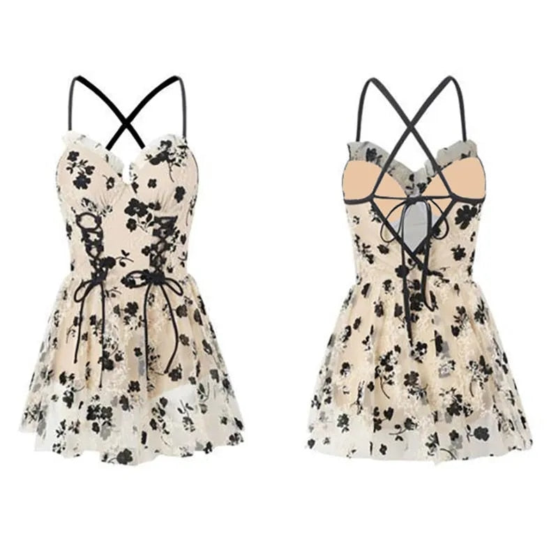 Backless Dress Women Lace Sexy Short Embroidery Mini Y2k Push Up Dress with Flowers Korean Dress Summer Gothic Party