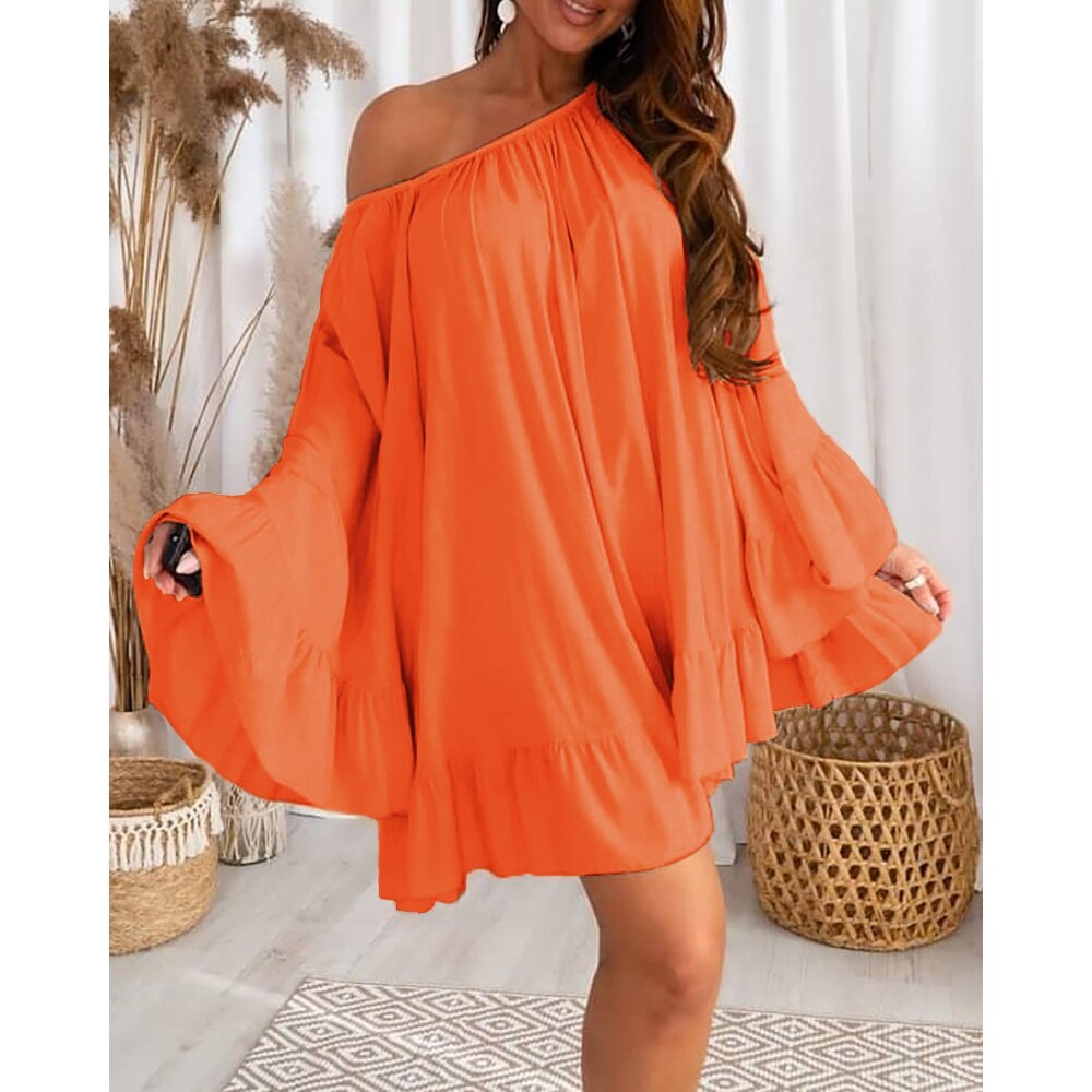 sixsr  Summer Women Bell Sleeve Ruffle Hem Dress Slash Neck Mini A Line Sweet Dresses Oversized Outfits Robe Clothing