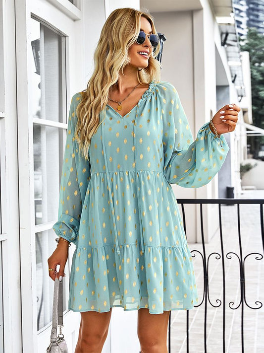 Ladies Vintage Dot Print Short Spring Autumn Boho Chiffon Dress Women Casual Party Dress Women Sundress Female Robe Vestidos