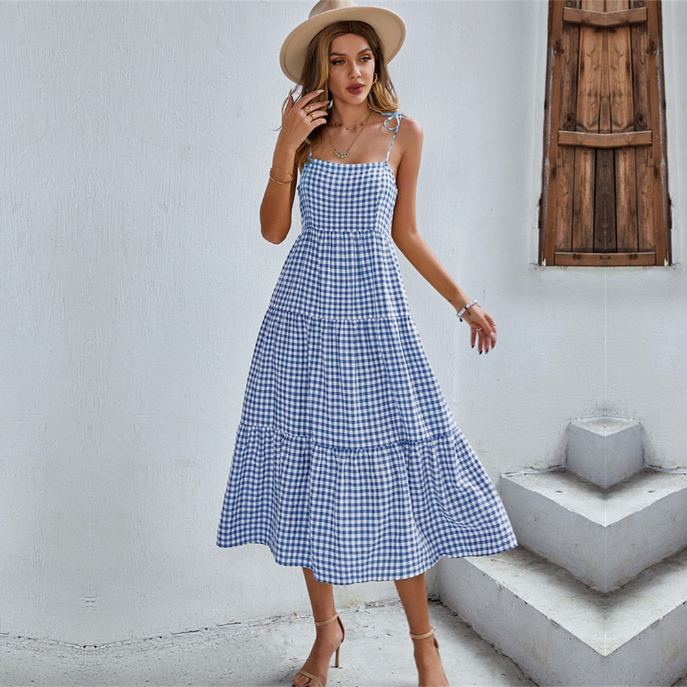 Ladies Vintage Boho Plaid Summer Dress Women Sexy Backless Casual Ruffles Party Beach Sundress Women Dress Robe Vestidos Female