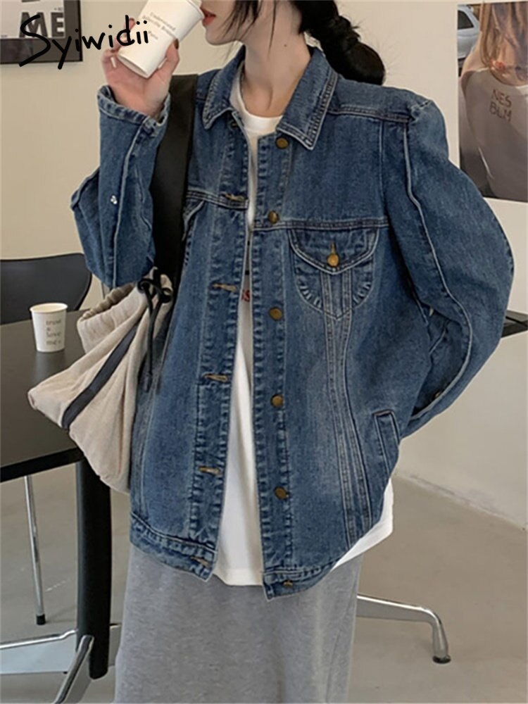 Vintage Jeans Jacket for Women  New Korean Fashion Long Sleeve Turn Down Collar Coats Chic Casual Oversized Jackets