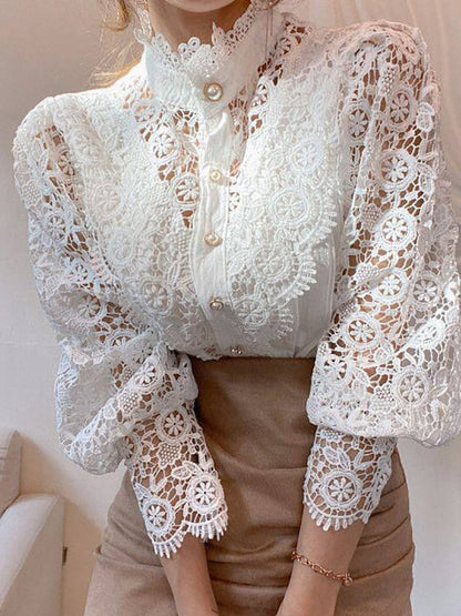 Elegant Women's Blouse Vintage Lace Spliced Long Sleeve Pink Button Up Woman Shirt Tops Fashion Casual Ladies Blouses Top