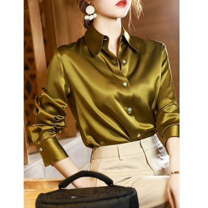 Sixsr Brand Quality Luxury Women Shirt Elegant Office Button Up Long Sleeve Shirts Momi Silk Crepe Satin Blouses for Women Fashion  Business Ladies Top