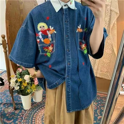 2024 Men's Cartoon Embroidered Denim Short Sleeved Shirts Fashion Trend Brand Lapel Collar Denim Coats Blue Color Shirts M-XL