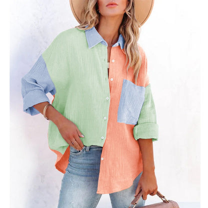 New Spring Summer Fashion Women New Patchwork Shirt Elegant Commute Contrast Lapel Buttons Cardigan Streetwear Ladies Casual Blouses