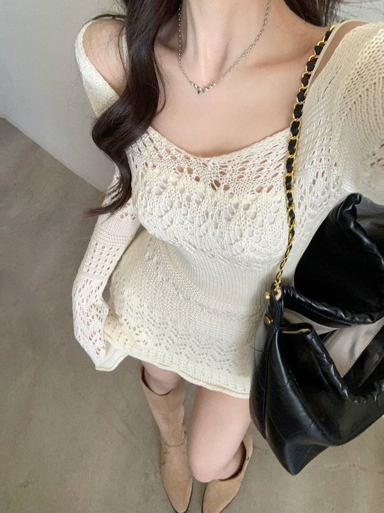 Autumn Elegant Knitted Dress Women Long Sleeve Lace Short Party Dress Korea Fashion Slim Sexy Y2k Mini Dress Female Vintage