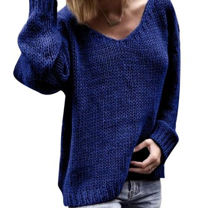 Casual Women Loose Solid Color Knitted Sweater V Neck Long Sleeve Top Women Clothing Pull Femme