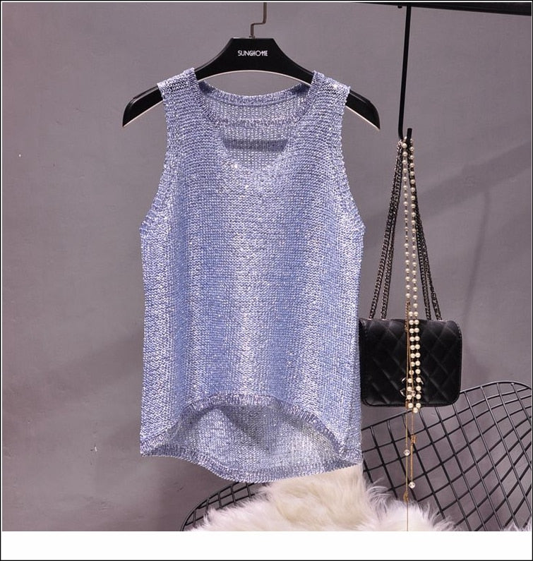 Summer New Sexy Hollow Sequined Knit Camisole Top Sleeveless Hollow Out Top Shirt Women's Loose Casual Crop Top Tops