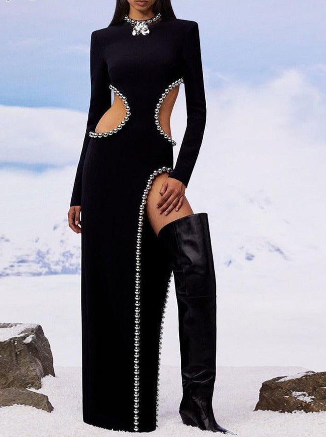 New Style Women's Sexy O Neck Cutout Black Beaded Long Bodyband Dress Elegant Celebrity Party Dress