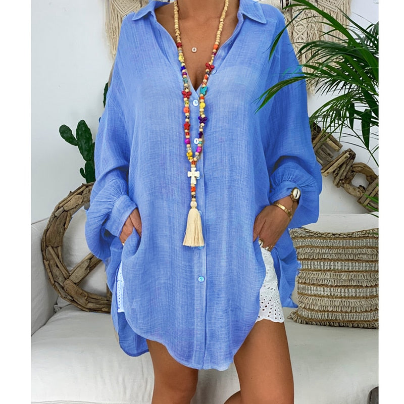 sixsr New Loose Women Cover Ups Swimwear White Beach Dress Cotton Beach Kimono Coverups for Women Swimsuit Cover Up Beach Woman